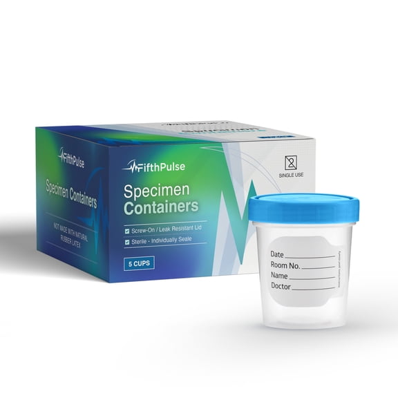 FifthPulse Specimen Containers, Single Use Urine Collcetion Cups - Screw on Leak Resistant Lid (Include Label) - 4 oz, 5-Pack