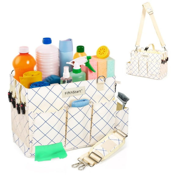 FifthStart Multi Use Cleaning Caddy with Waist & Shoulder Strap, Blue Check, Large, 15” x 10” x 8”