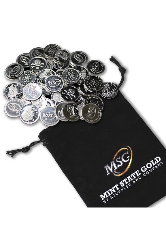 Fifty (50) One Gram .999 Pure Silver Rounds with Random Designs in a Jewelry Pouch