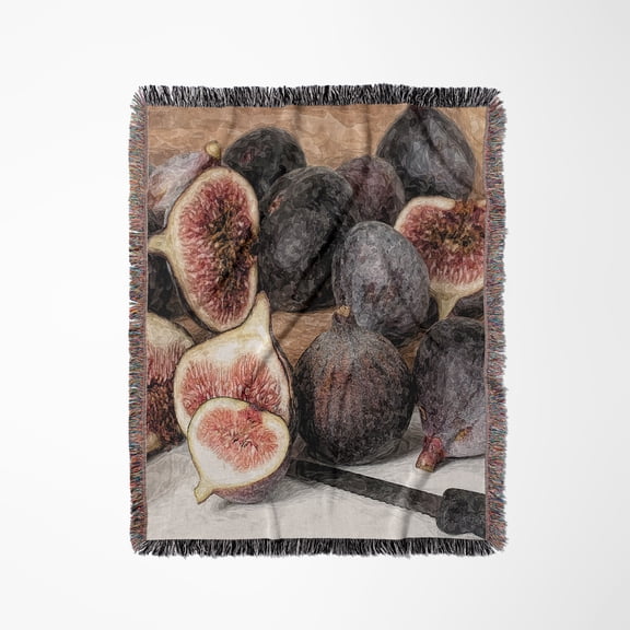 Fig Fruits And A Knife On A Table. Digital Painting. Stylish Gift, Woven Blanket