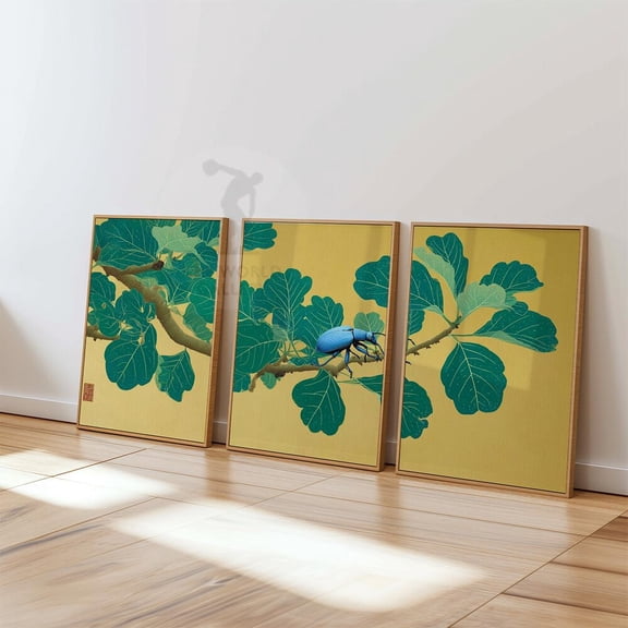 Fig Leaf Blue Beetle Green Foliage Gold Botanical Wall Art Set 3 Unframed Paper Print 16x24