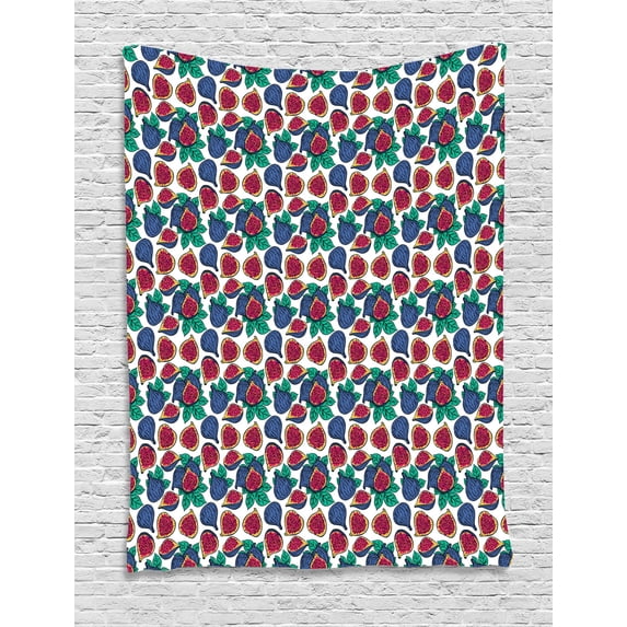 Fig Tapestry, Hand Drawn Style Pattern of Ripe and Juicy Fig Fruit Cut in Half with Green Leaves, Wall Hanging for Bedroom Living Room Dorm Decor, 60W X 80L Inches, Multicolor, by Ambesonne