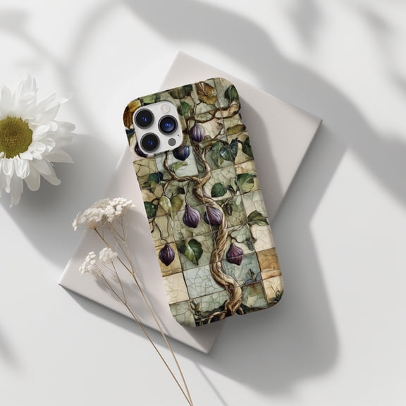 Fig Tree Ceramic Tile Pattern Phone Case For iPhone Samsung Pixel Hard Cover Holiday Fruit Lover Gift