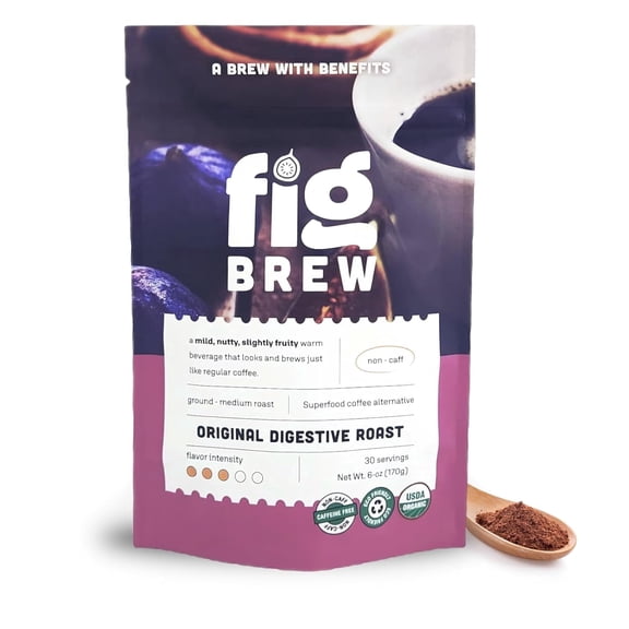 FigBrew Coffee Alternative, Original Digestive Roast, Adaptogen-free, Caffeine-free, Ground, Medium Roast, 6-oz, 30 servings, 100% pure fig, USDA Organic, Made in USA