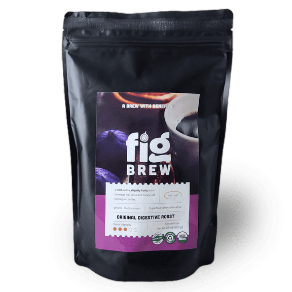 FigBrew Digestive Coffee Alternative, Caffeine-free, Adaptogen-free, Ground Medium Roast, 22-oz Original Digestive Roast, 120 servings, 100% pure fig, USDA Organic, Made in USA