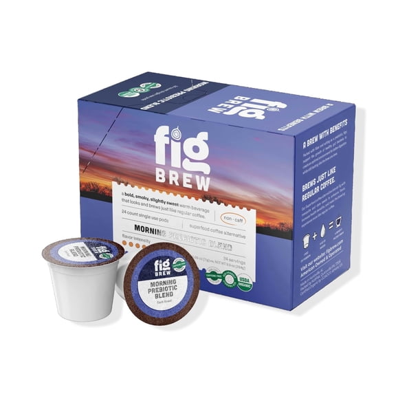 FigBrew Morning Prebiotic Blend Coffee Alternative, Adaptogen-free, Caffeine-free, Dark Roast, Single serve pods, 24-ct, USDA Organic, Made in USA