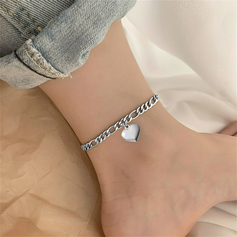 Figaro Chain Anklet 14K White Gold Heart Charm Leg Foot Chain - Main Image