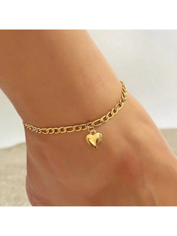 Figaro Chain Heart Charm Ankle Bracelet For Women, 14K Gold Filled Premium Luxury Daily Occasion Jewelry