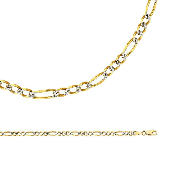 Figaro Chain Solid 14k Yellow White Gold Necklace Pave Diamond Cut Link 3+1 Two Tone, 4 mm - 18 inch