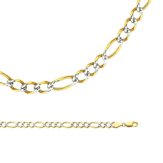 Figaro Chain Solid 14k Yellow & White Gold Necklace Pave Open Link Two Tone Light , 5.6 mm - 20,22,24 inch