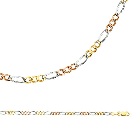 Figaro Chain Solid 14k Yellow White Rose Gold Necklace Concave Link 3 + 1 Multi Color, 3.7 mm - 20 inch