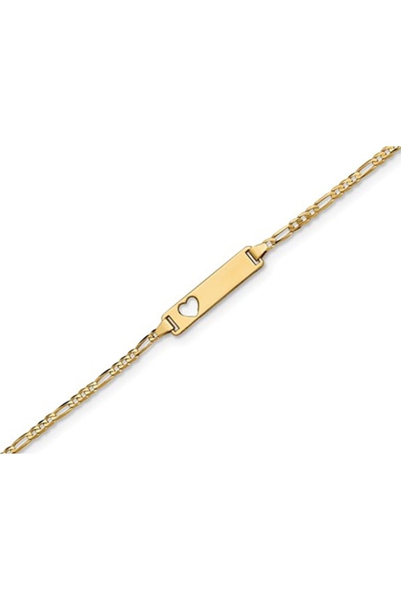 Gem & Harmony Figaro Engraveable Heart ID Bracelet in 14K Yellow Gold 7 inches for Women
