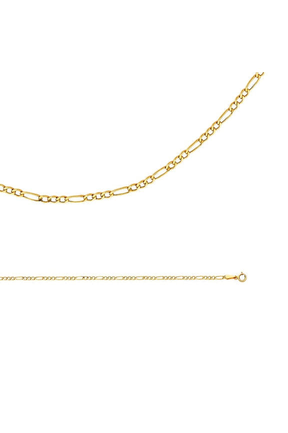 Figaro Necklace Solid 14k Yellow Gold Chain Hollow 3 + 1 Links Bevelled Light Thin , 1.9 mm - 24 inch