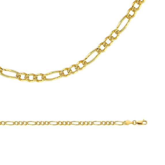 Figaro Necklace Solid 14k Yellow Gold Chain Pave Link Diamond Cut 3 + 1 Style Genuine, 4 mm - 18 inch