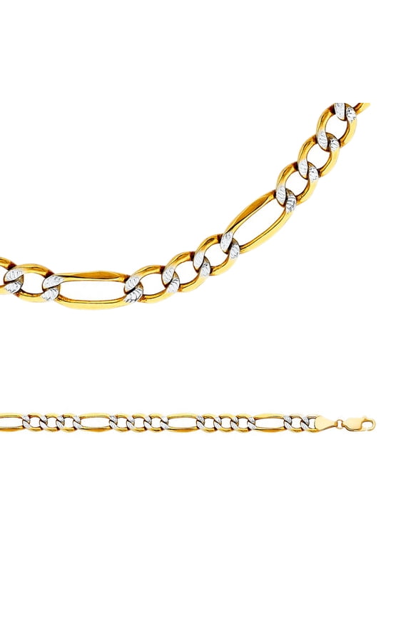 Figaro Necklace Solid 14k Yellow White Gold Chain Pave Hollow Links Big Two Tone , 6.5 mm - 24 inch