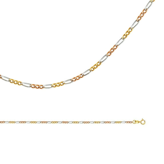 Figaro Necklace Solid 14k Yellow White Rose Gold Chain Concave Link Thin Tri Color, 1.8 mm - 24 inch