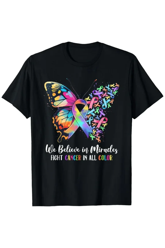Fight Cancer Awareness T-Shirt, Vibrant Butterfly Ribbon Print Inspirational Hope Casual Short Sleeve Tee