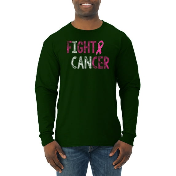 Fight Cancer Ribbon Mens Long Sleeve Shirt, Forest Green, Medium
