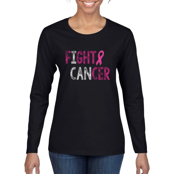 Fight Cancer Ribbon Womens Graphic Long Sleeve T-Shirt, Black, Medium