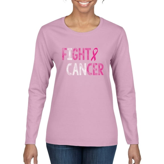 Fight Cancer Ribbon Womens Graphic Long Sleeve T-Shirt, Light Pink, Large