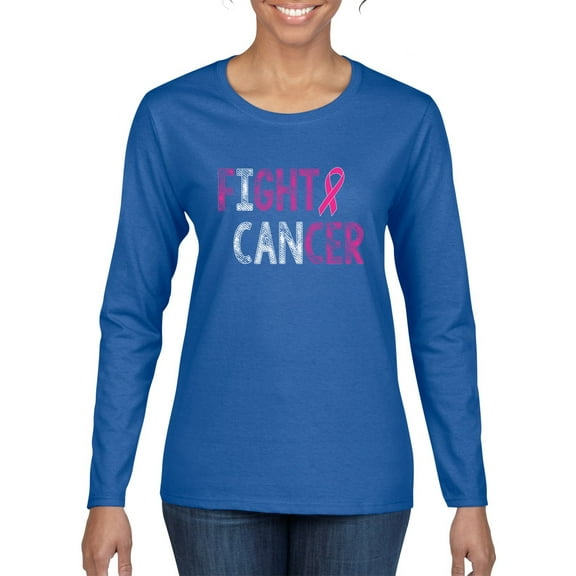 Fight Cancer Ribbon Womens Graphic Long Sleeve T-Shirt, Royal, Large