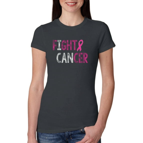 Fight Cancer Ribbon Womens Slim Fit Junior Tee, Dark Grey, Medium