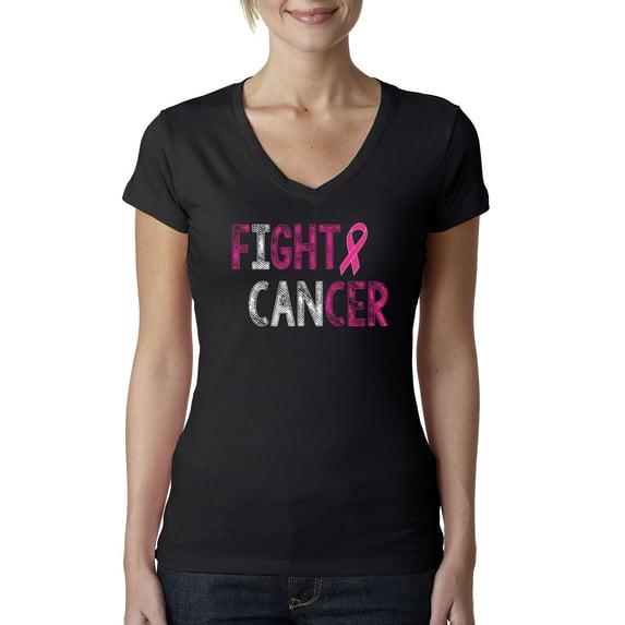 Fight Cancer Ribbon Womens V-Neck Tee, Black, X-Large