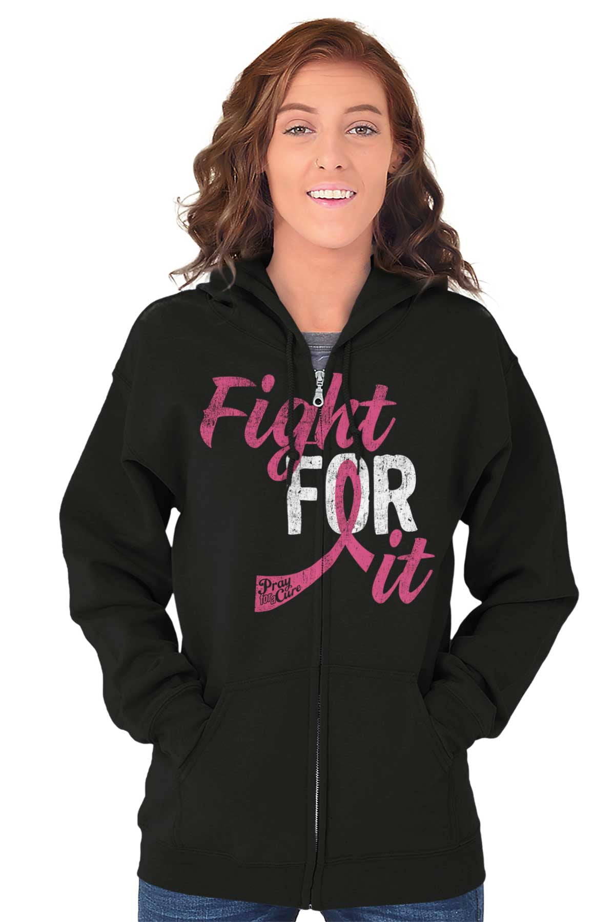 Fight For It Breast Cancer Aware Pink Zip Hoodie Sweatshirt Women Brisco Brands 5X