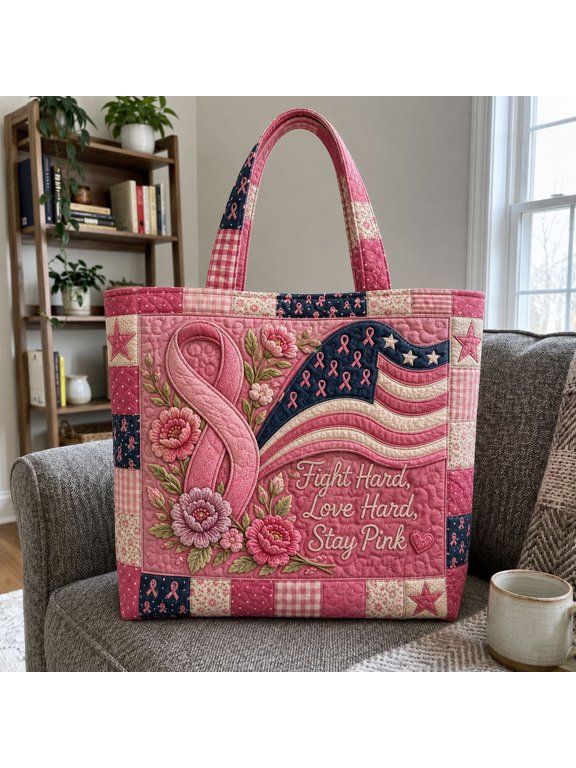Fight Hard Love Hard Breast Cancer Quilted Tote Bag, Large Shoulder Bag for Shopping, Travel and Daily Essentials