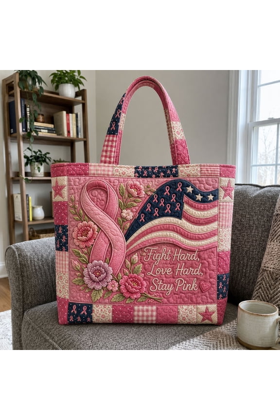 Fight Hard Love Hard Breast Cancer Quilted Tote Bag, Large Shoulder Bag for Shopping, Travel and Daily Essentials