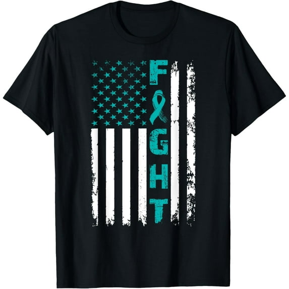 Fight Ovarian Cancer American Flag Awareness Survivor T-Shirt100% cotton short-sleeved shirt for both men and women