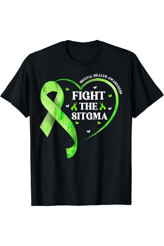 Fight The Stigma Green Ribbon Heart Mental Health Awareness T-Shirt