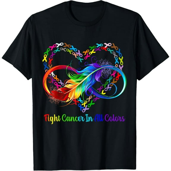 Fight cancer in all and every color rainbow ribbons heart T-Shirt100% cotton short-sleeved shirt for both men and women