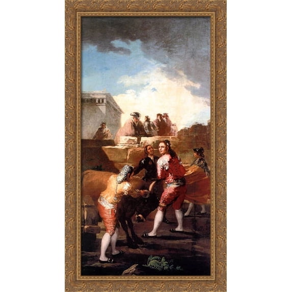 Fight with a young bull 24x40 Large Gold Ornate Wood Framed Canvas Art by Francisco Goya