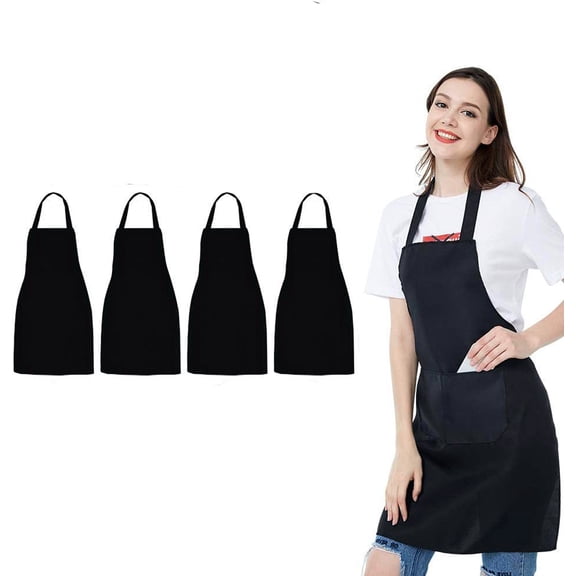FightDa 4 Pack Chef Apron, Adjustable Bib Apron Waterdrop Resistant Professional Cooking Aprons for Men Women with 2 Pockets, Black