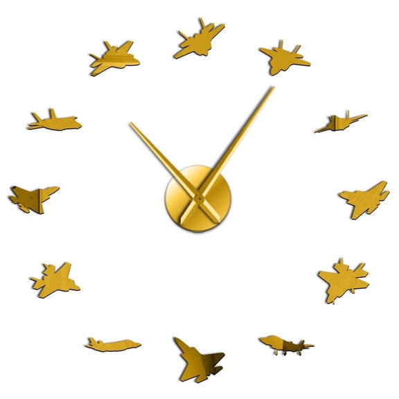 Fighter Aircraft Silouette Frameless Wall Clock Stickers, DIY Modern Decorative Clocks for Living Room, Bedroom, Office - Easy to Install, Large 3D Clock Design (Gold,27in)