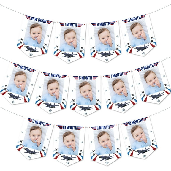 Fighter Jet Birthday Party Decorations Airplane Photo Banner for Boys 1st Aircraft Jet Birthday Party Decor Monthly Photo Banner From Newborn To 12 Months Annual Milestone Airforce Photo Banner