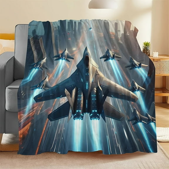 Fighter Jet Flannel Throw Blanket – Soft, Cozy, and Anti-Allergenic with Futuristic Cityscape Design – Perfect for Sofa, Bed, or Gift – Versatile Multi-Purpose Use
