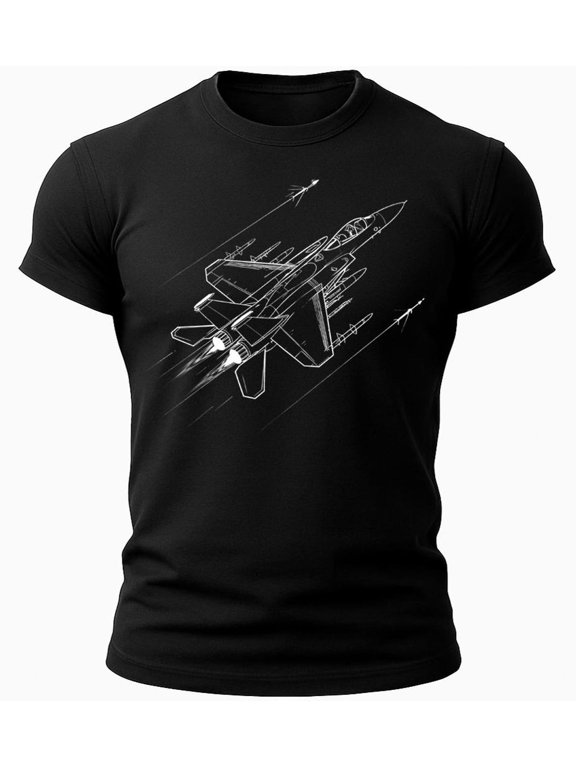 Fighter Jet Graphic Military Aircraft Line Art Soft Cotton T-Shirt
