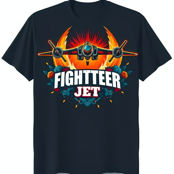 Fighter Jet Graphic T-Shirt Dark Blue Tee with Explosive Design & Bold Text