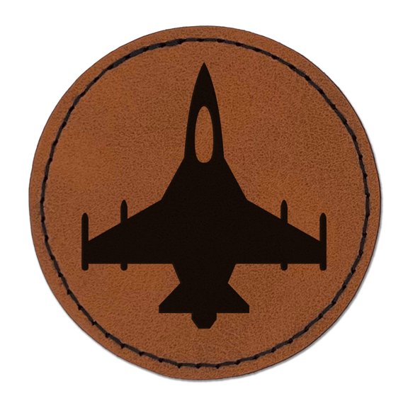 Fighter Jet Military Airplane 2.5" Faux Leather Round Engraved Iron-On Patch - Brown