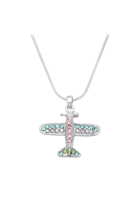 Fighter Jet Pendant Necklace Multi-Color Rhinestone Crystal Rhodium High Polished J0233-MT2