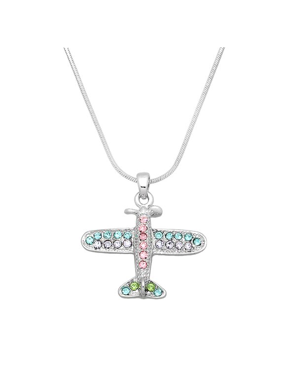 Fighter Jet Pendant Necklace Multi-Color Rhinestone Crystal Rhodium High Polished J0233-MT2