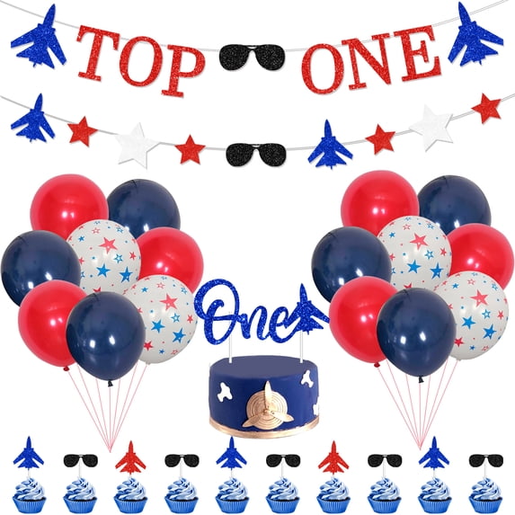 Fighter Jet Themed First Birthday Party Decorations Aircraft Top One 1st Birthday Banner Cake Topper Red and Blue Latex Balloons Set for Boys Airplane 1st Birthday Supplies