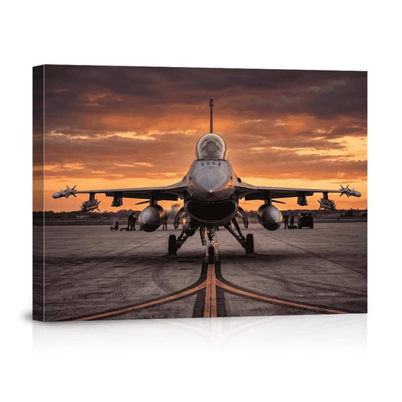 Fighter Jet Wall Art Military Aircraft Art Sunset Runway Front View Aviation Print For Living Room Man Cave Office Home Wall Decor, Unframed Paper Print