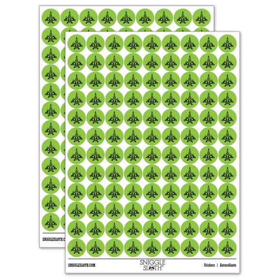 Fighter Jet War Plane Combat Vehicle with Missiles Round Sticker Set - Light Green - Gloss Finish - 0.50" Size