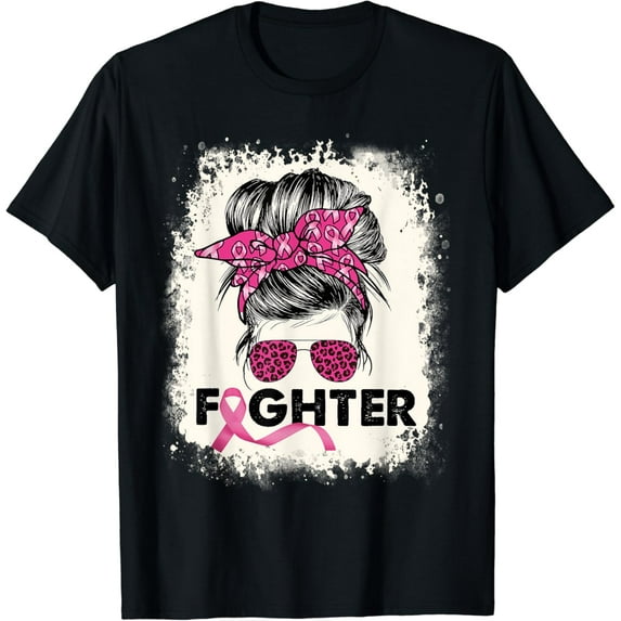 Fighter Messy Bun Breast Cancer Awareness Pink Warrior T-Shirt