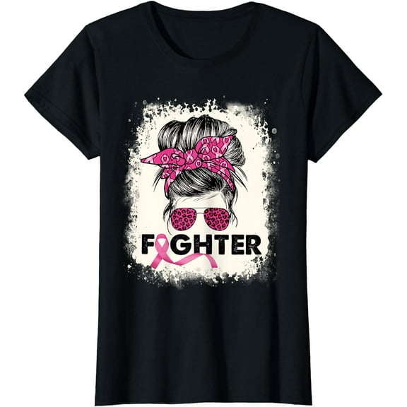 Fighter Messy Bun Breast Cancer Awareness Pink Warrior T-Shirt