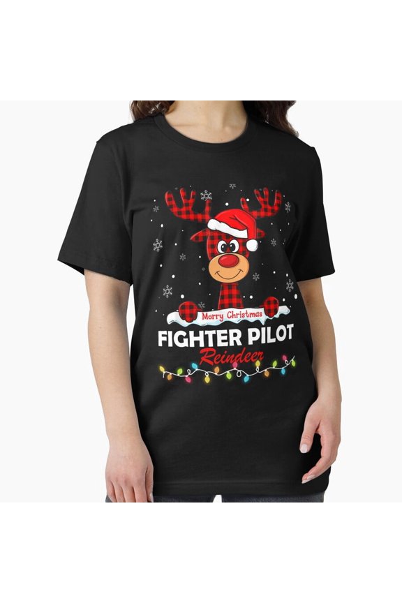 Fighter Pilot Reindeer Red Hat Plaid Holiday Winter Aircrew Humor Unisex T-Shirt, up to size 5XL
