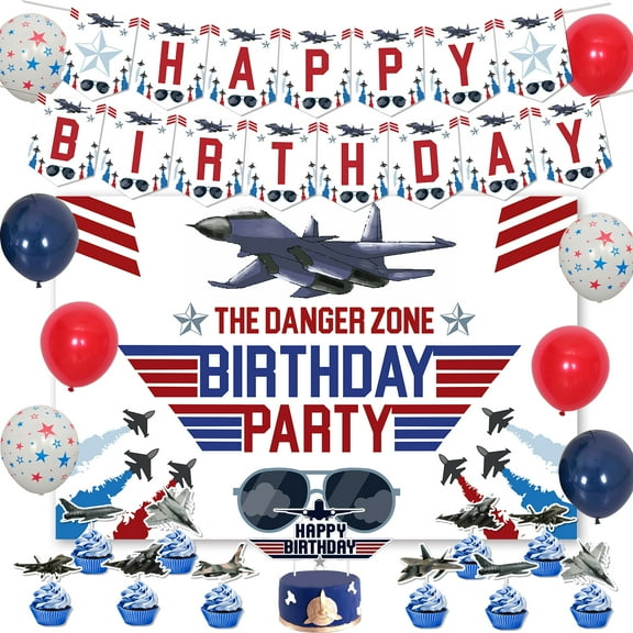Fighter Plane Themed Birthday Party Decoration, Happy Birthday Party for Kids Including Fighter Plane Balloon Cake Toppers Photo Banners, The Danger Zone Photo Backdrop Baby Shower Supplies